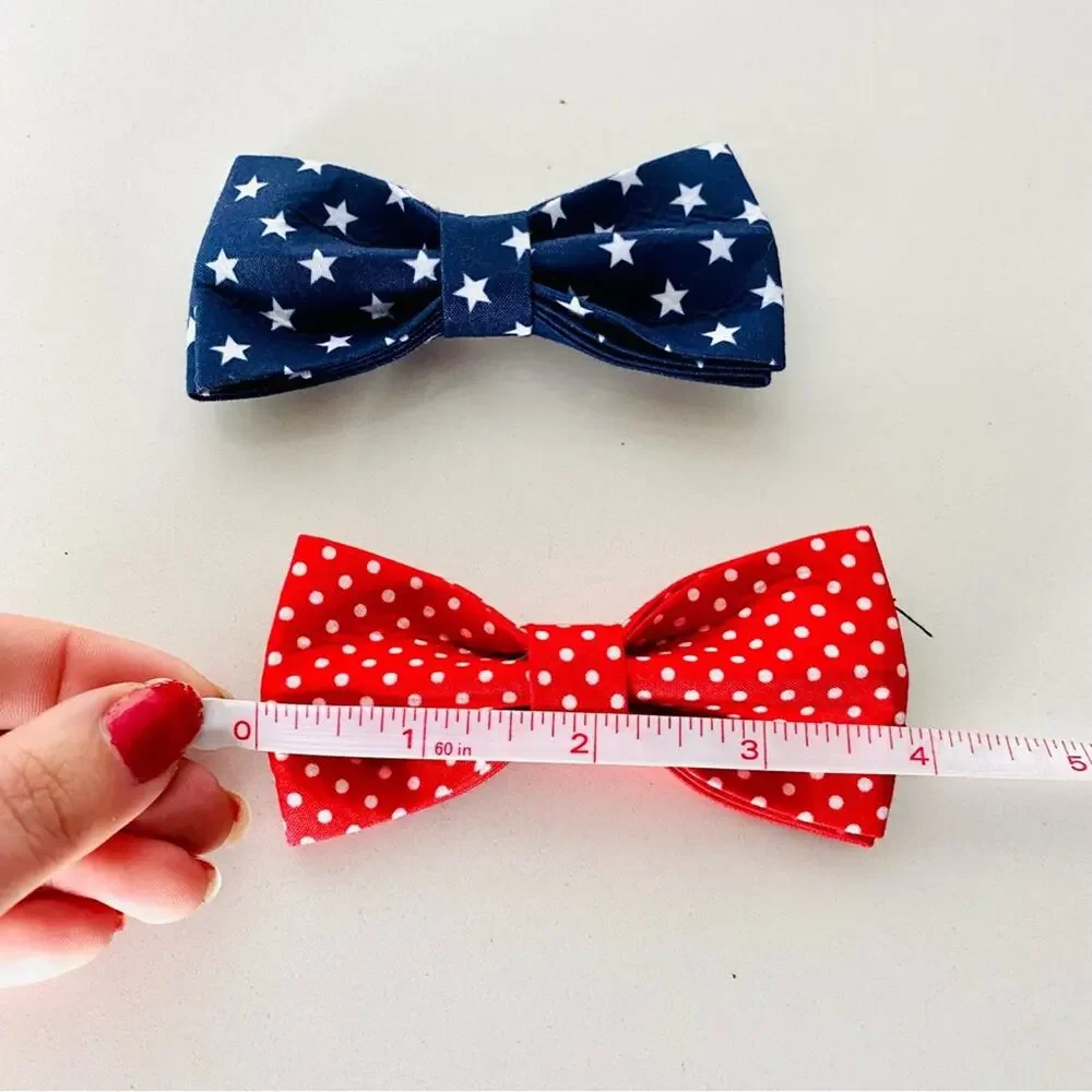 NEW HANDMADE Navy Blue Stars White Red Polka Dot Dog Cat Collar Elastic Bow Tie